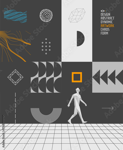 Art composition. An abstract man striding forward. 3D modelling of human body in virtual space. A leadership or development concept. Geometric pattern. Vecor for cover, card, brochure or presentation.