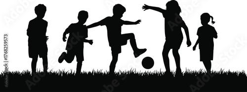 Children playing soccer on grassy field, silhouette vector illustration, outdoor activity, childhood fun, cad drawing flat vector illustration, black white art