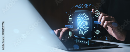 Biometric fingerprint authentication using passkey security on digital interface with futuristic icons and user identity verification concept.
