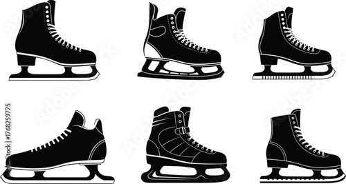 Ice skate illustration set, black and white skates, figure skate, hockey skate, speed skate, silhouette icons, winter sports gear