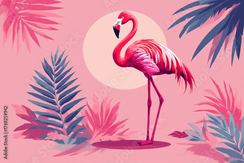Illustration of a pink flamingo standing against a pale pink sun, surrounded by stylized tropical foliage.