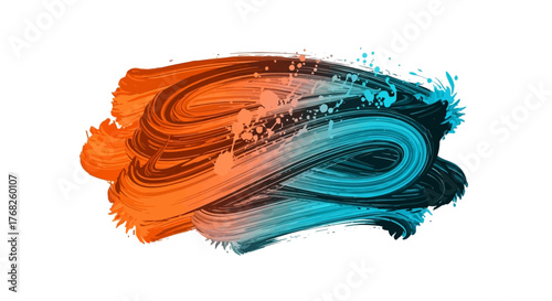 Vibrant brushstrokes collide orange and teal abstract art, splashes and swirls composition dynamic