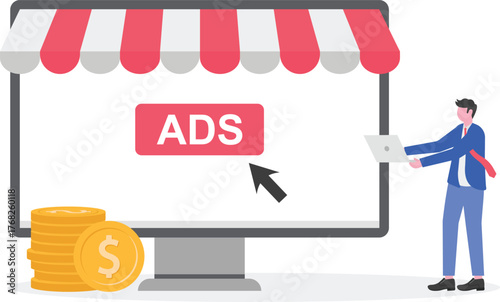 Businessman standing beside store holding cursor pointing at ads button with dollar coin illustration of paid per click business
