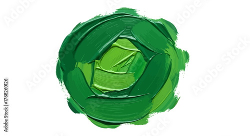 A vibrant green sphere of textured paint strokes against a stark white background surface