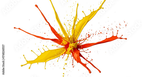 Dynamic burst of vibrant yellow and orange paint creates an energetic, abstract design on a clean