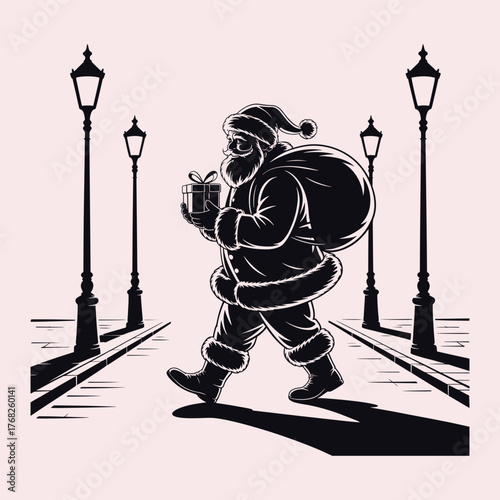 Silhouette of Santa Claus walking with a gift and sack past street lamps Christmas present
