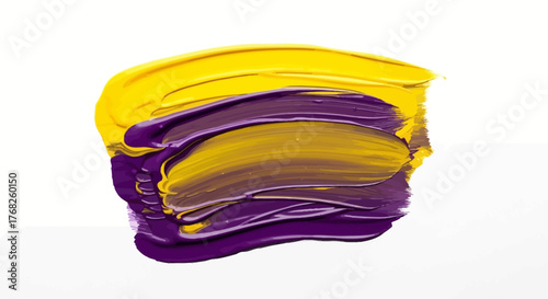 Dynamic abstract expression with vivid yellow and purple brushstrokes on pristine background