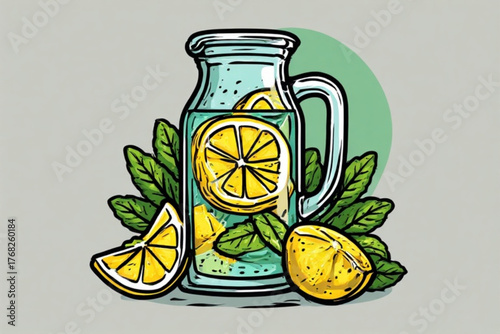 Refreshing illustration of a glass pitcher filled with lemonade and mint leaves.