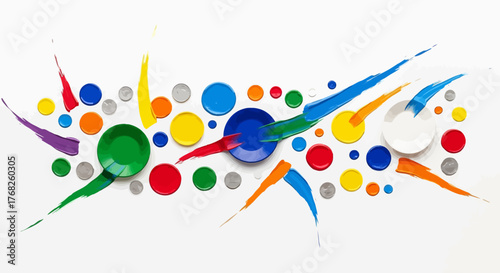 Dynamic interplay of vibrant circles and brushstrokes on a stark white canvas background