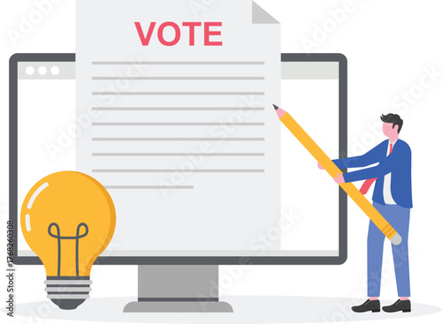 Businessman carrying pen next to voting paper and lamp illustration of vote to decide the right idea to apply
