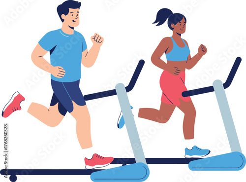 Indoor fitness activity, treadmill workout, running exercise, gym training, healthy lifestyle, cardio session, athletic people, sportswear, wellness, active movement