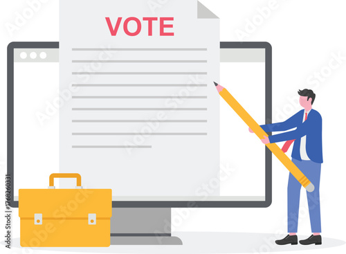 Businessman carrying pen next to voting paper and briefcase illustration of vote to determine priority scale for business project completion
