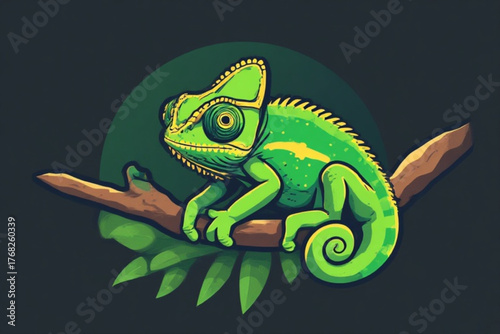 Cartoon illustration of a bright green chameleon perched on a brown branch with green leaves, set against a dark background.