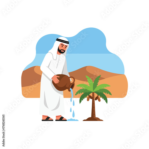 Arab man in traditional clothing watering a young palm tree in the desert, symbolizing growth and care in a harsh environment.