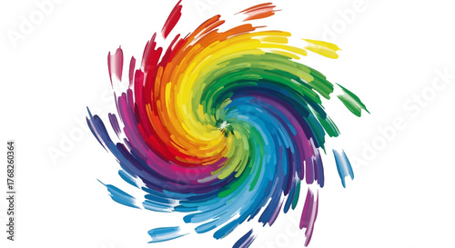 A vibrant rainbow swirl of paint strokes radiating from a central point offering a dynamic visual
