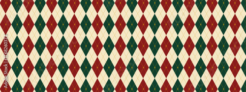 Red and green argyle pattern background. Diamond shapes with golden stitching create festive texture. Vector seamless Christmas design. Holiday wallpaper template for winter projects.