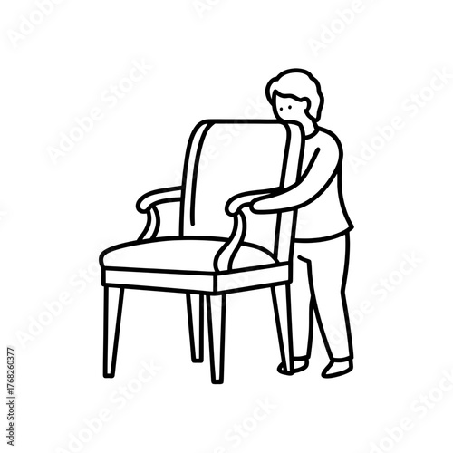 Person moving a classic upholstered chair on transparent background silhouette