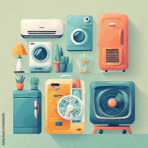 Colorful cartoon illustration of various household appliances arranged on shelves against a light green background.