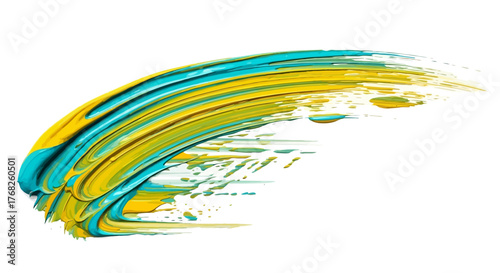 Vibrant brushstroke artwork showcases a blend of turquoise and yellow hues on a canvas surface