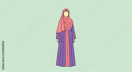 Woman wearing traditional abaya and hijab standing against a pastel green backdrop, showcasing modest fashion with elegance and cultural significance.