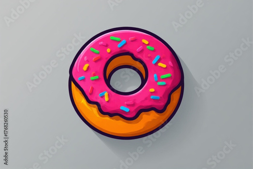 A single, brightly colored donut with pink frosting and colorful sprinkles, isolated on a grey background.
