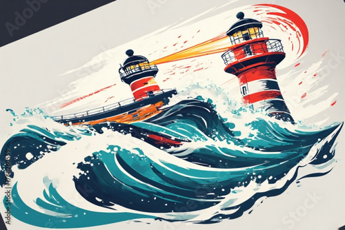 Two lighthouses stand amidst a stormy sea, beams of light shining across the turbulent waves.