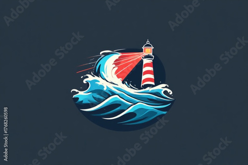 A stylized illustration of a lighthouse amidst crashing ocean waves, emitting light.