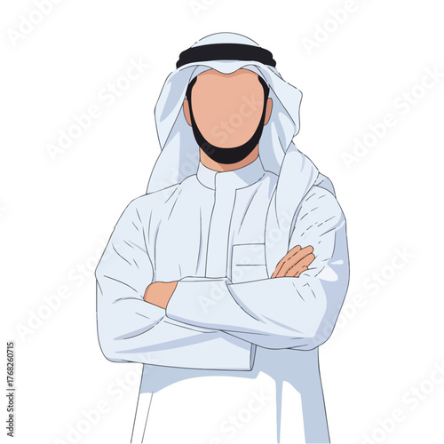 Arab man standing with arms crossed wearing traditional white thobe and headscarf on white backdrop showing confidence and cultural pride.