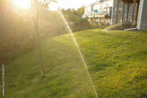 Sprinkler spraying water on green grass