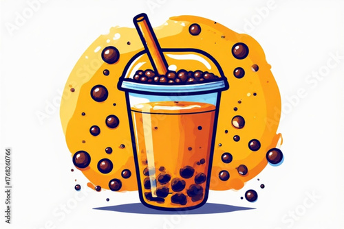 A refreshing cup of bubble tea with tapioca pearls and a straw.