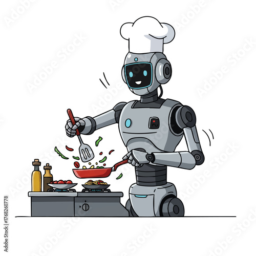 Futuristic robotic chef in 2D flat style is expertly preparing a gourmet meal with advanced mechanical arms, highlighted against a clean, isolated white background.