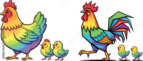 Colorful chicken and chicks vector illustration, playful farm animal artwork, rooster and hen design, whimsical children’s graphic, creative artwork template