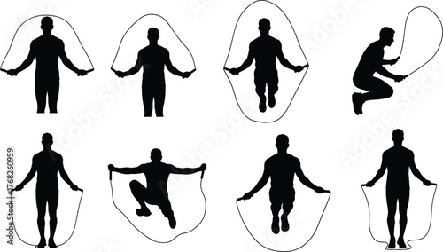 Jump rope silhouette illustration, fitness workout poses, cardio training vector, athletic exercise icons, black figure motion, gym activity design