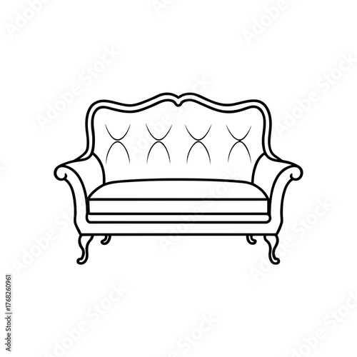 Outline drawing of a classic style sofa on transparent background silhouette