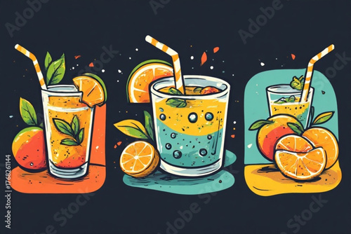 Three stylized glasses of orange juice with straws and orange slices on colorful backgrounds.