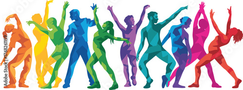 Colorful dance pose illustration, vibrant human figures in motion, expressive movement vector, cad drawing flat vector illustration, rainbow character art