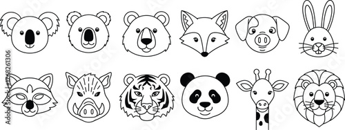 Animal faces outline vector illustration cute animals drawing