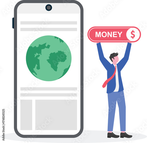 Businessman holding a board with dollar symbol and finance text beside a globe illustrating take profit from businesses using natural resources
