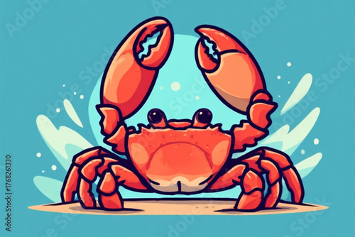 A cartoon crab with raised claws stands on a sandy shore, water behind.
