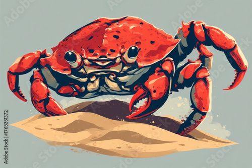 A cartoon crab with a red shell and claws, standing on sand.