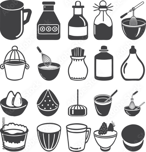 A set of food and drink icons including a cup of coffee or tea, cooking utensils, and kitchen vector symbols for restaurant design
