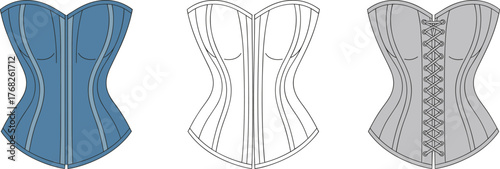 Corset fashion illustration, front and back view, sweetheart neckline, lace-up detail, garment sketch, historical clothing, costume design, apparel