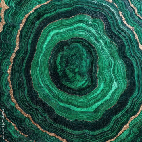 Vibrant green malachite stone texture with concentric rings and shimmering gold veins.