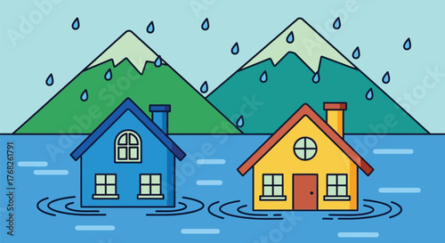 Flood natural disaster houses submerged rain mountains illustration