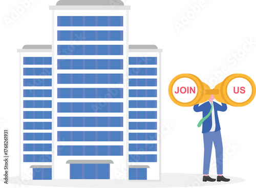 Businessman arranging a board with join us text beside company building illustration of promotion and socialization related to company recruitment
