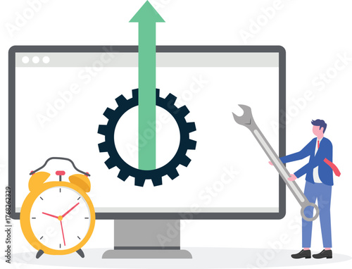 Businessman holding a stopwatch beside a gear with an upward arrow, illustration of time required for maintenance
