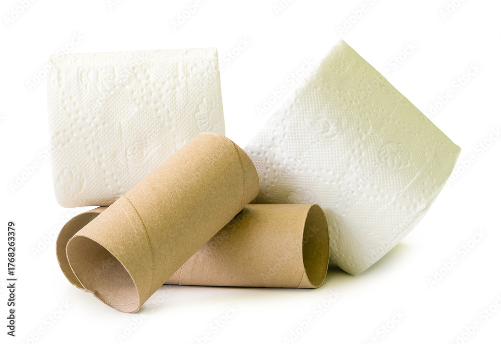 Fototapeta premium Tissue paper rolls or toilet paper rolls with cores or tissue paper tubes in stack isolated on white background with clipping path