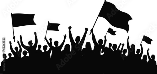 Crowd silhouette with flags, people cheering, protest rally vector, unity celebration, activism art, cad drawing flat vector illustration