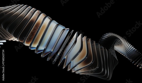 3D illustration showing black 3D layer background, neon light holographic gradient, abstract crystal pattern, blue orange caustic effect, and glass chromatic cube block shapes render