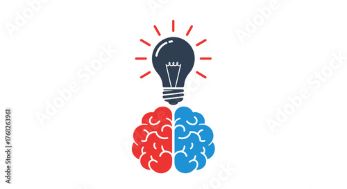 Light bulb shining above split brain illustration in bright colors  